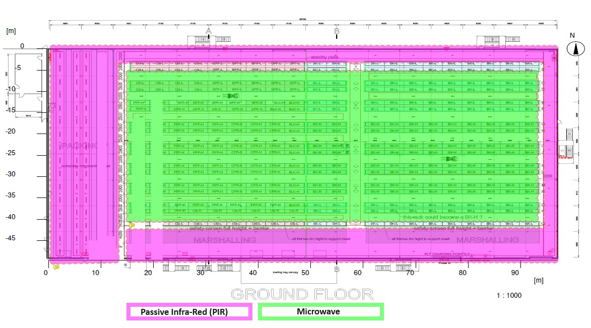 Diagram showing the layout of the Calverton Warehouse and where each sensor type is placed