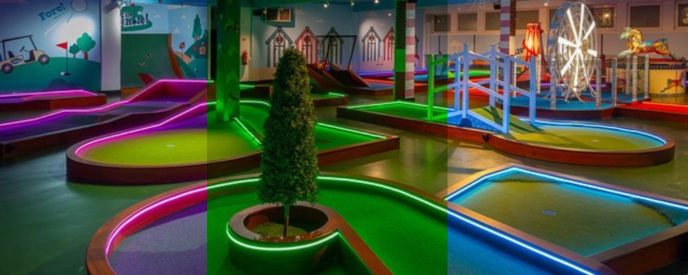 One image showing 3 different colour finishes of Integral LED Neon Strip lighting up the Putt Hutt mini golf course