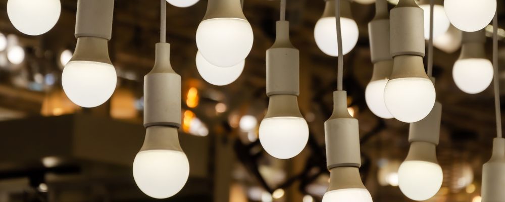 LED Lightbulbs without shades hanging on cables