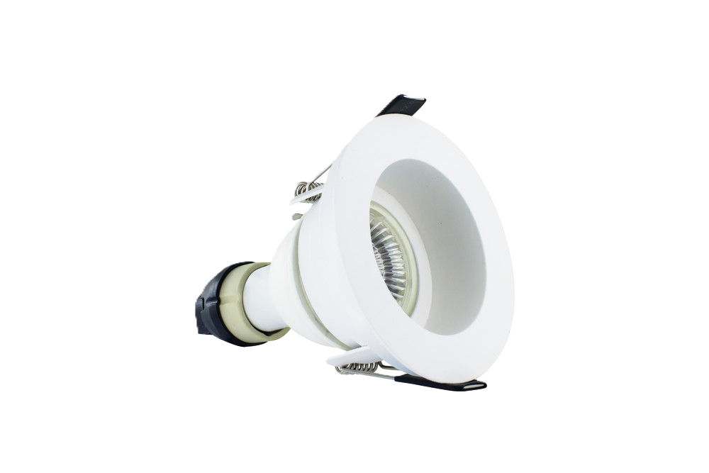 side angle shot of Integral LED Evofire Recessed 70 cut-out round white fire-rated downlight. Angle shows bezel with lamp fitted and the open-back design.