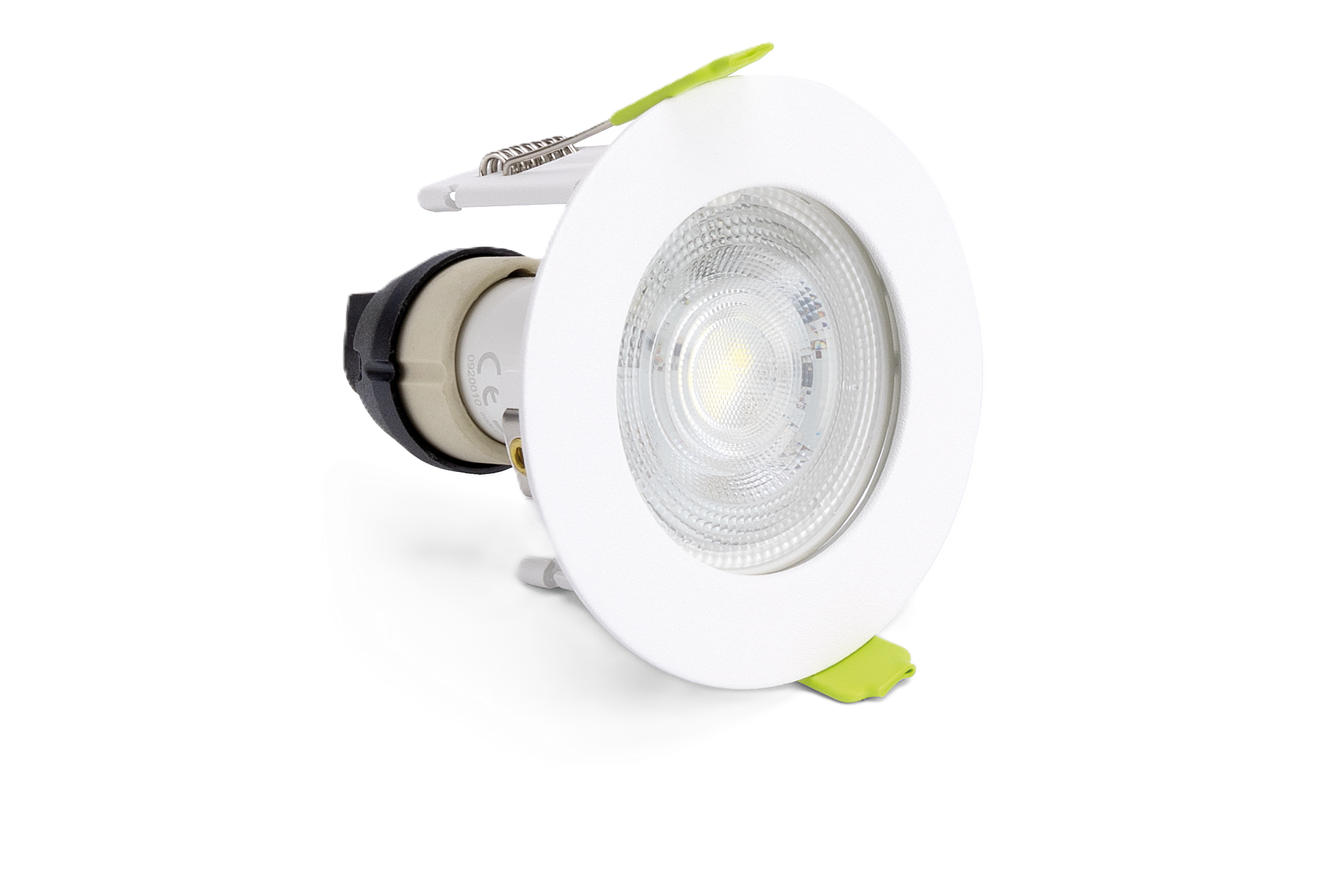 side angle shot of Integral LED Evofire Micro Bezel 60mm cut-out round white fire-rated downlight. Angle shows bezel with lamp fitted and the open-back design.