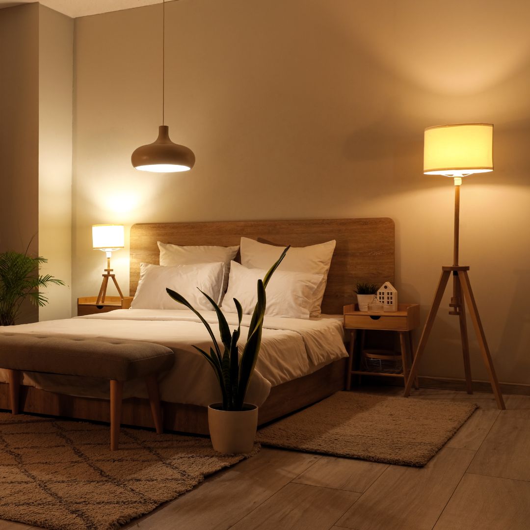 bedroom with warm lighting