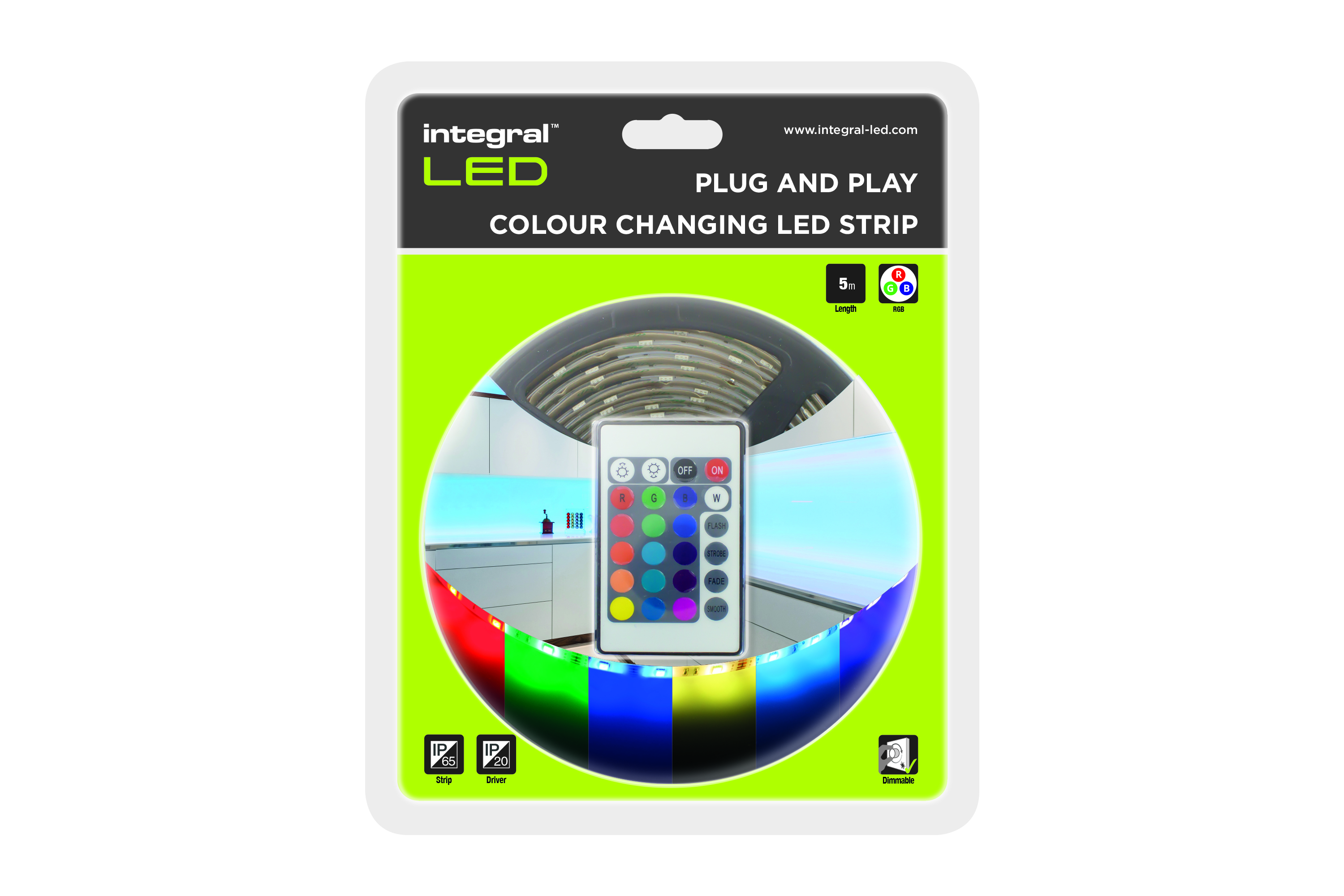 Henfald snack læser Integral LED | PLUG AND PLAY STRIP IP65 5M RGB 7.2W/M 30LED/M 10MM WIDTH  115 BEAM BLISTER WITH IR CONTROLLER AND IP20 UK PLUG ADAPTOR INTEGRAL